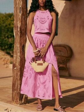 Women’s Pink Eyelet Maxi Skirt & Top Set- Lightweight Summer Style